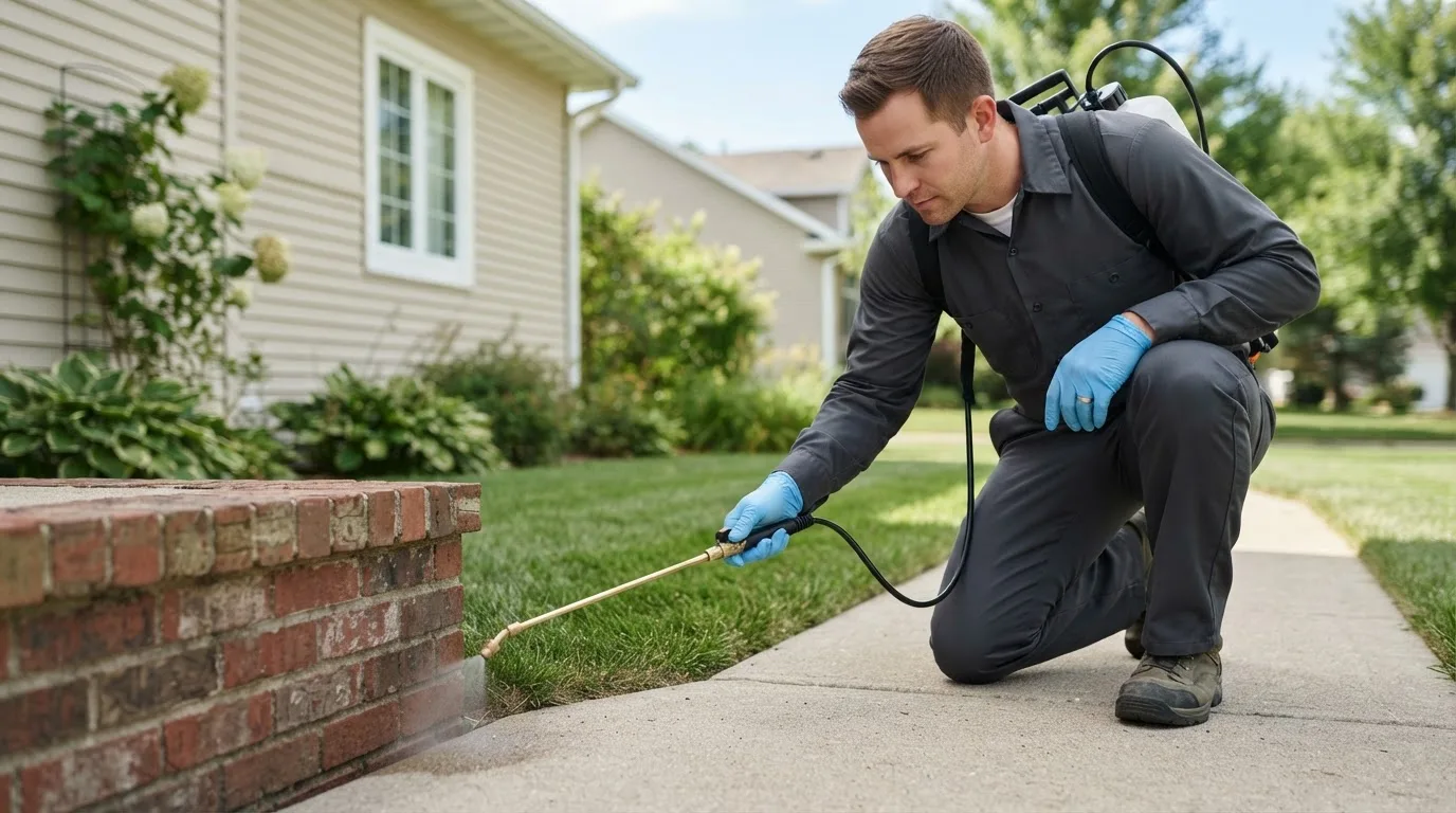 Pest control technician treating a home near Saratoga Springs, NY